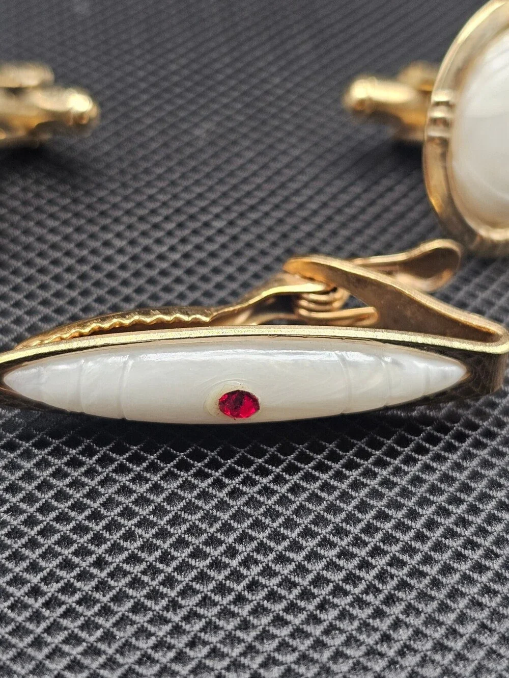 Vintage Gold Tone Cufflinks and Tie Clip Set with White and Red Accents